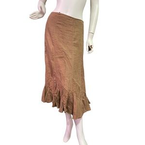 NINE WEST 100% LINEN Tan A Line Flared Skirt Lace Detail Below Knee MIDI Size 14